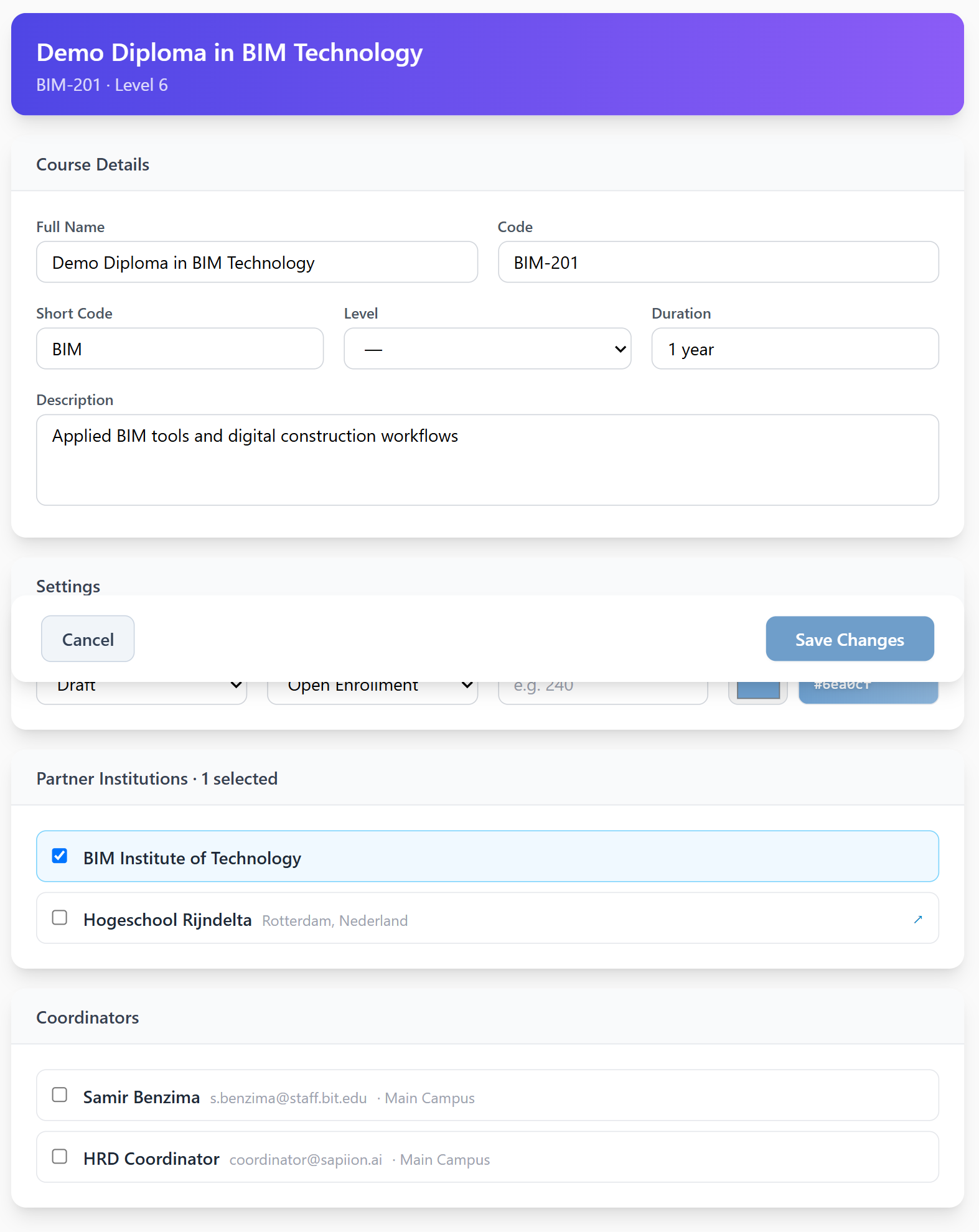 New Course form