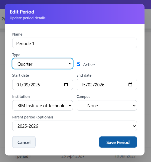 Edit Period modal — a Quarter-type child of a Year period