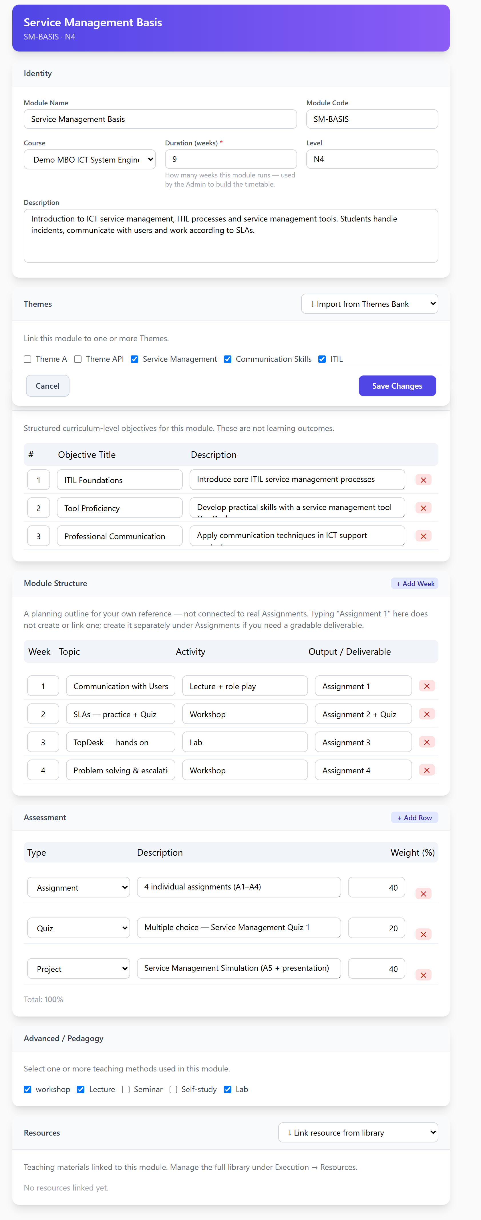 Module edit form — Identity through Resources