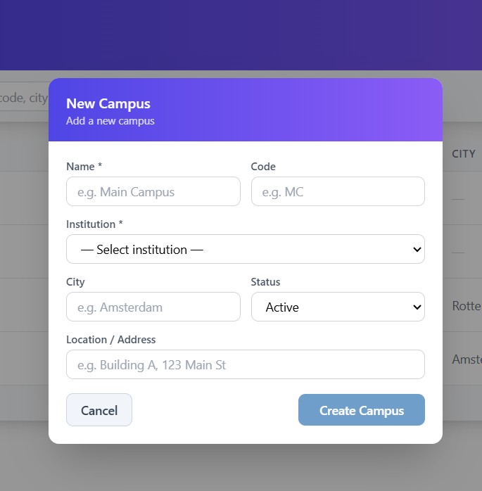 New Campus modal