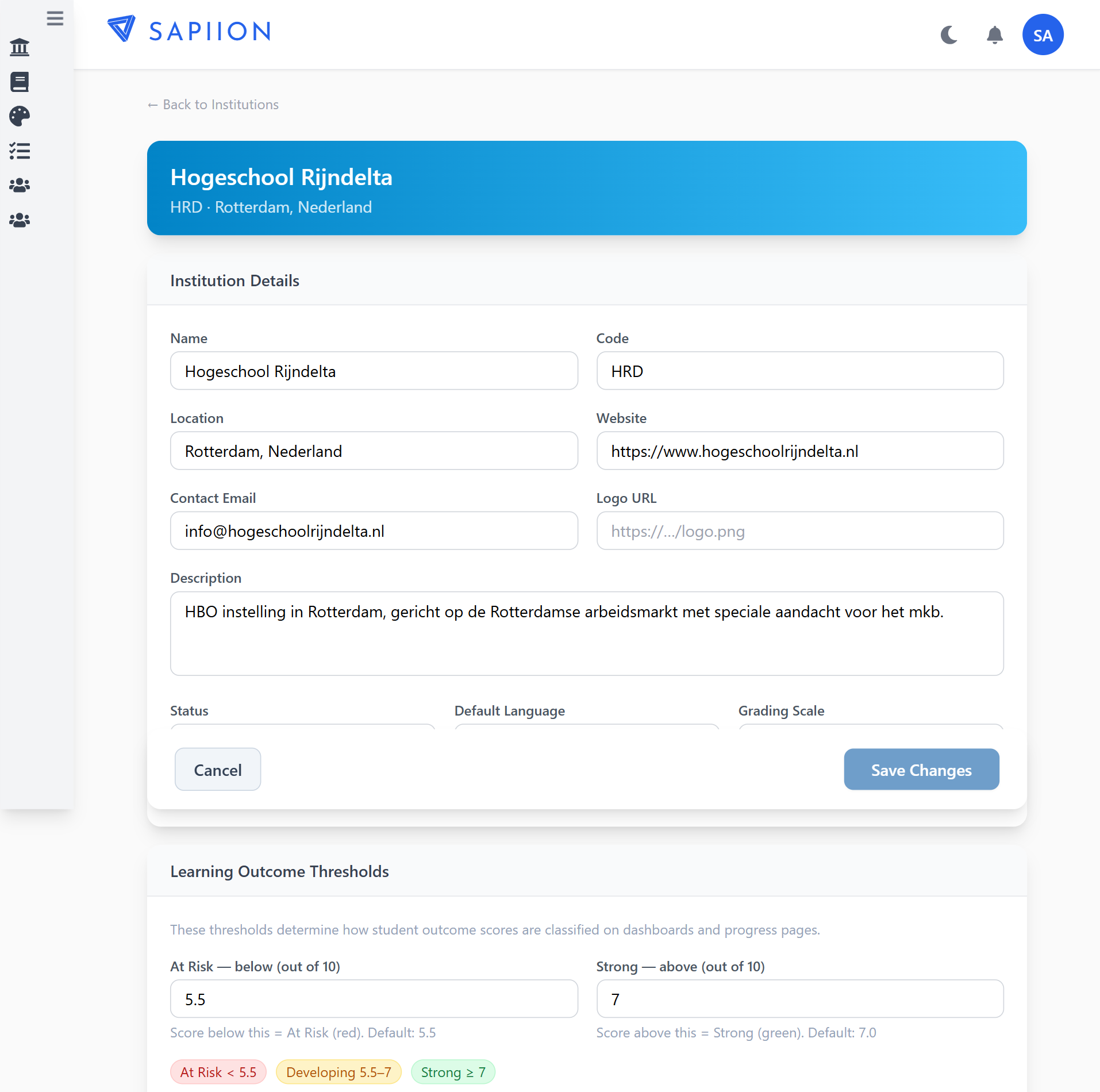 Institution edit form — Details and Learning Outcome Thresholds