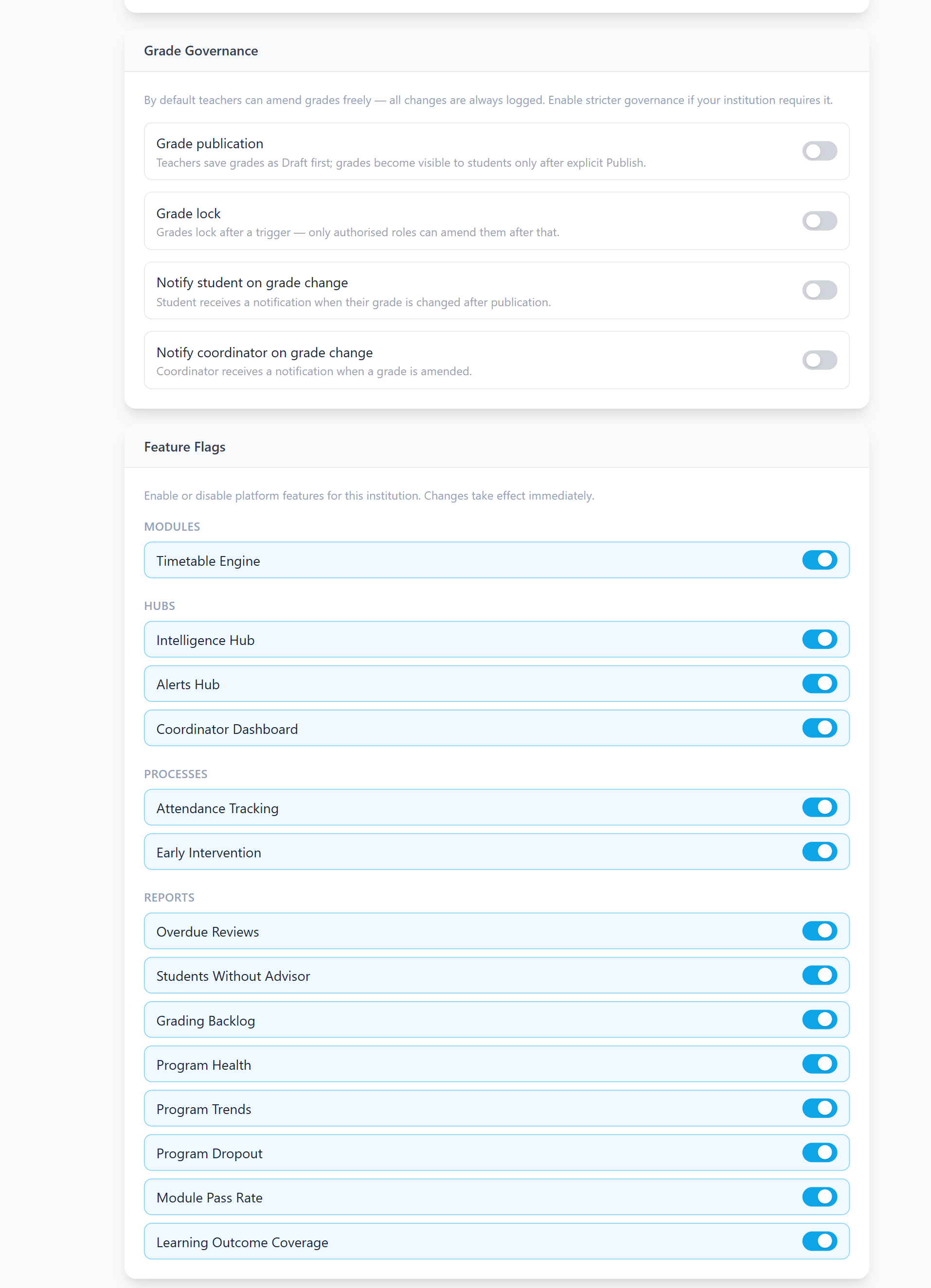 Institution edit form — Grade Governance and Feature Flags